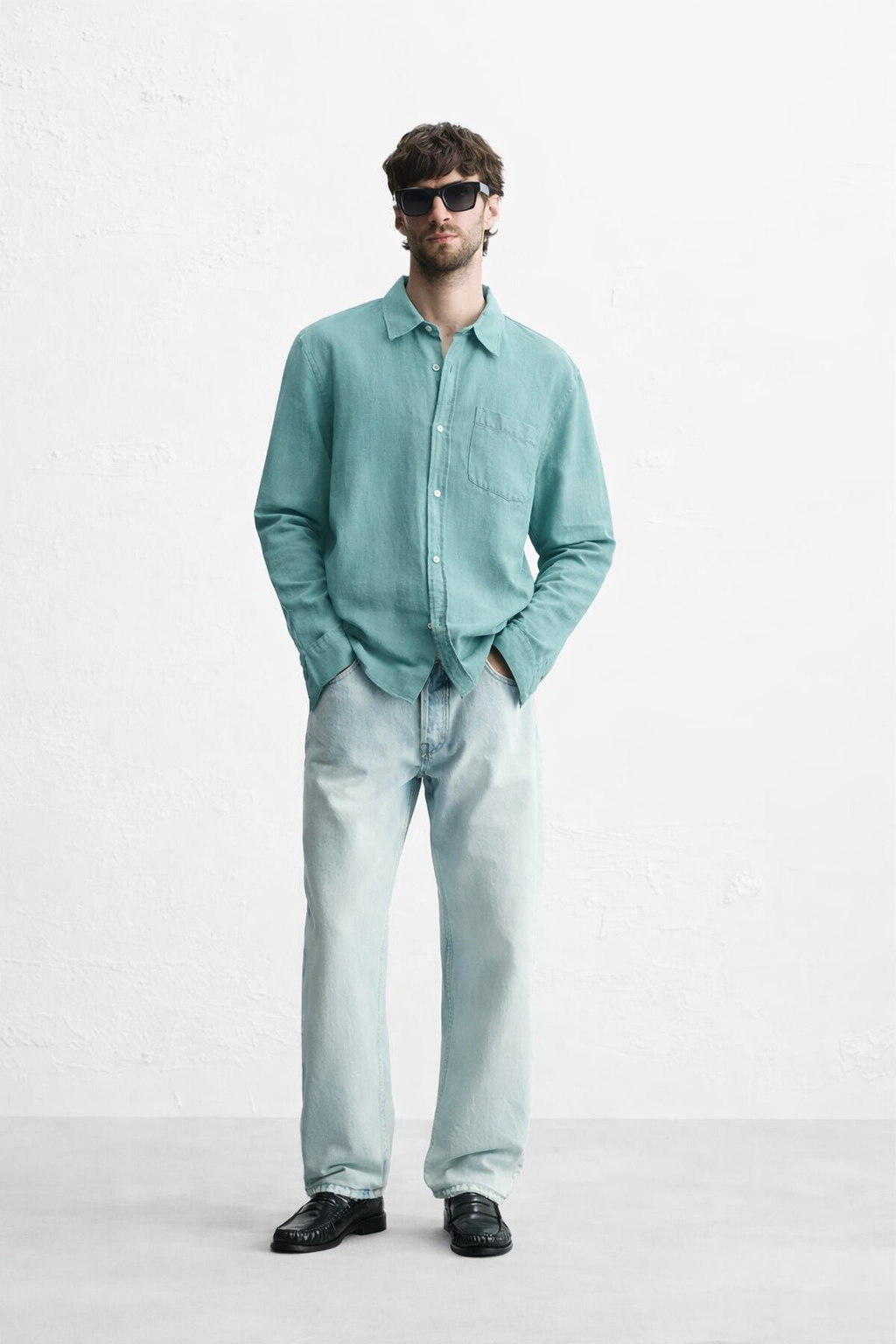pastel teal linen shirt