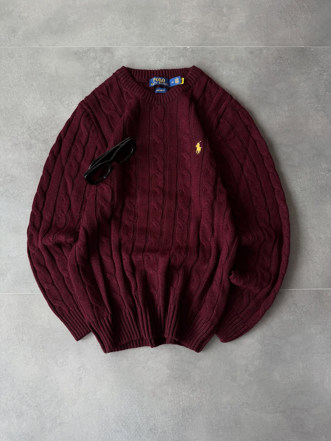maroon cable‑knit T-shirt