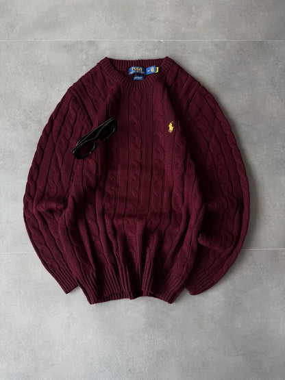 maroon cable‑knit T-shirt