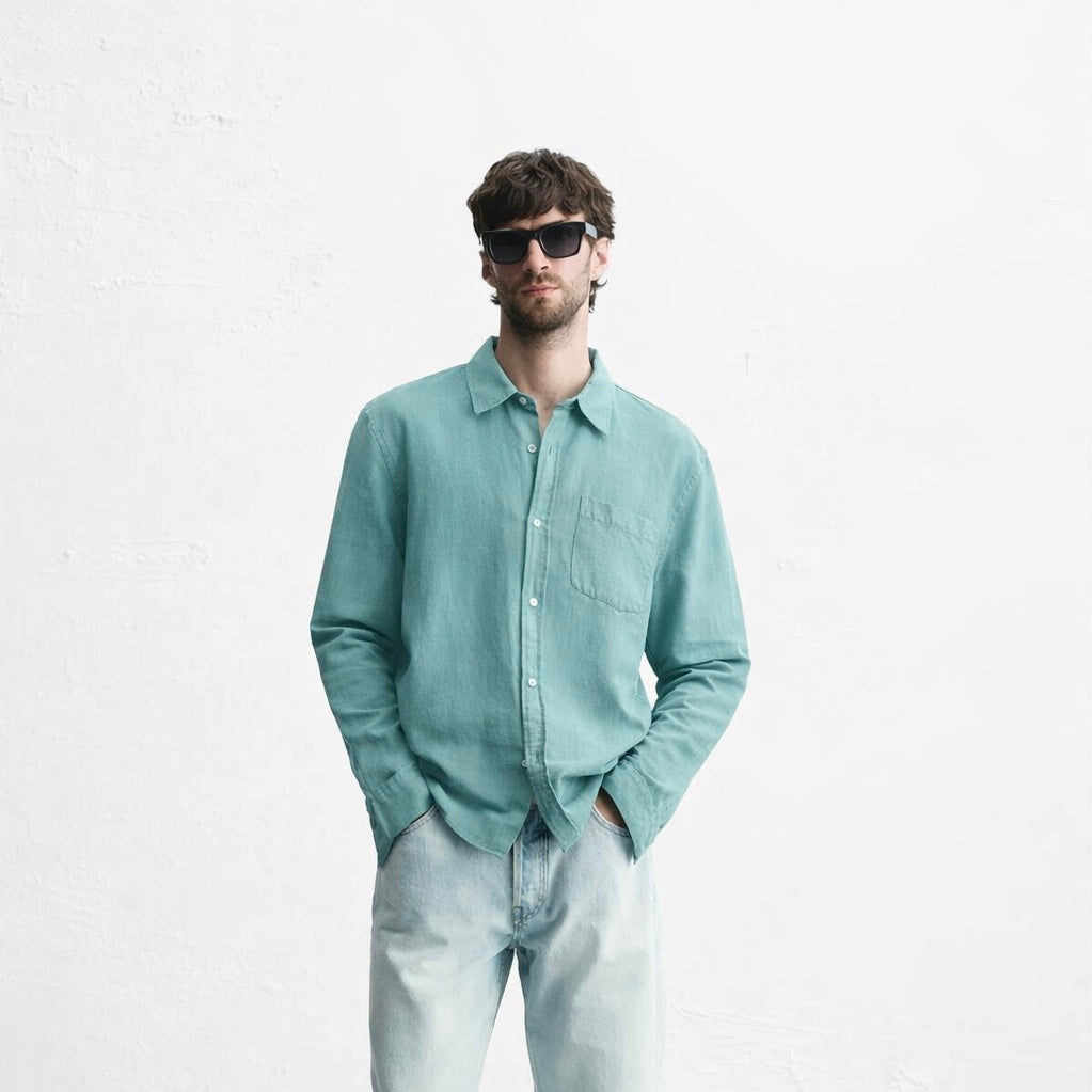 pastel teal linen shirt