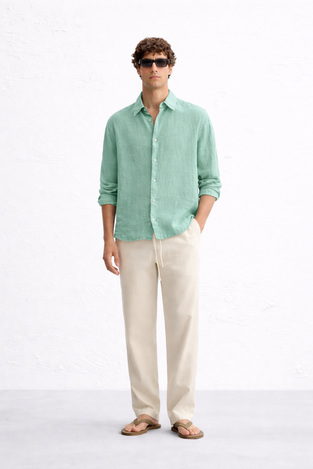 mint‑green linen shirt