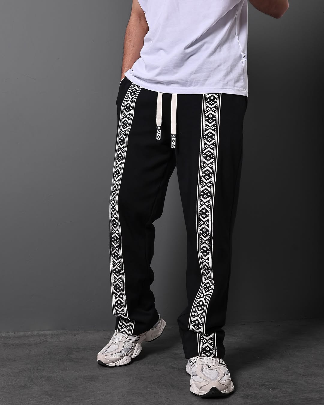 black jogger-style trousers