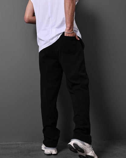 black jogger-style trousers